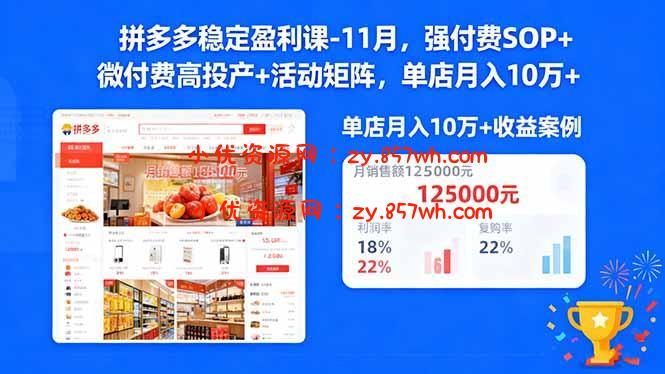 拼多多稳定盈利课-11月,强付费SOP+微付费高投产+活动矩阵,单店月入10万+-小优资源网